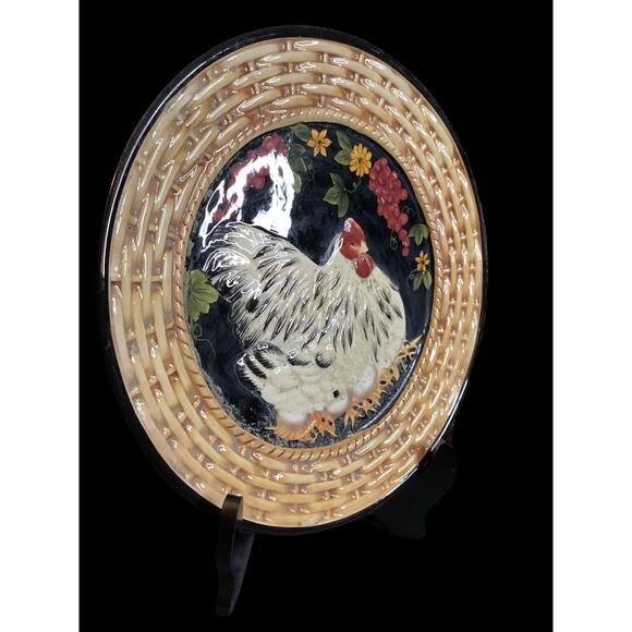 3D Hen with Basket Weaved Edge Platter, Oversized Plate Farmhouse Country Décor - Picture 4 of 5